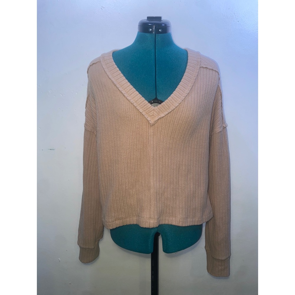New In Cozy V-Neck Ribbed Knit Beige Tan Sweater Boho Fall Minimalist Western -S